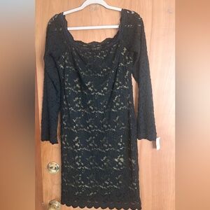 Black Lace Nude Lined Long Sleeve Dress (XL)